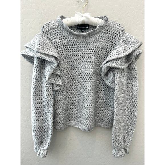 ANTHROPOLOGIE | Broadway 38 Gray Ruffle Shoulder Textured Knit Sweater | Large - Picture 1 of 6